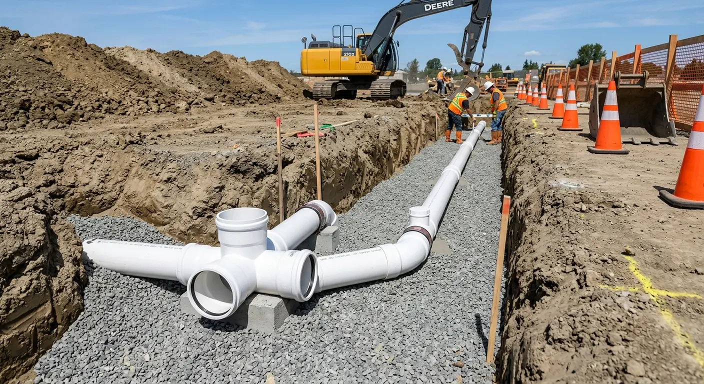 New PVC sewer pipe installation in open trench for Commercial Drain Cleaning in Burley