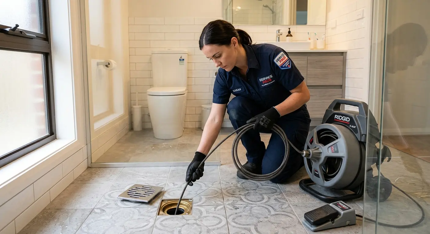 Technician clearing a bathroom floor drain for Drain Cleaning in Burley